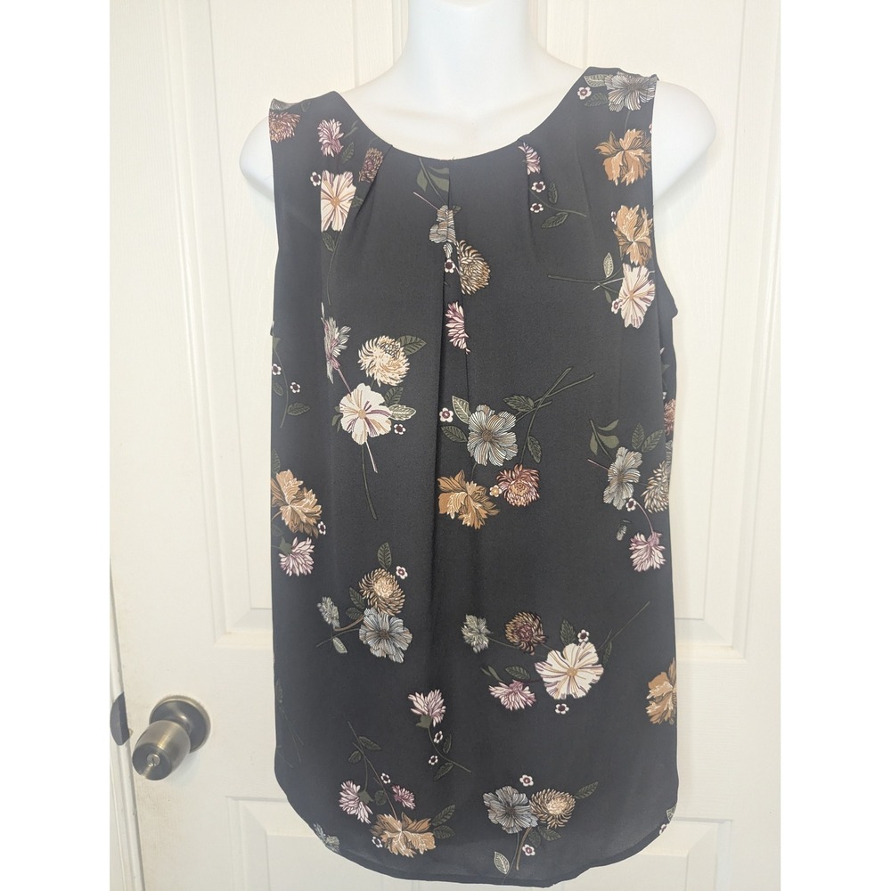 Loft Outlet Womens Small Black Floral Sleeveless Pleated Neck Blouse Top